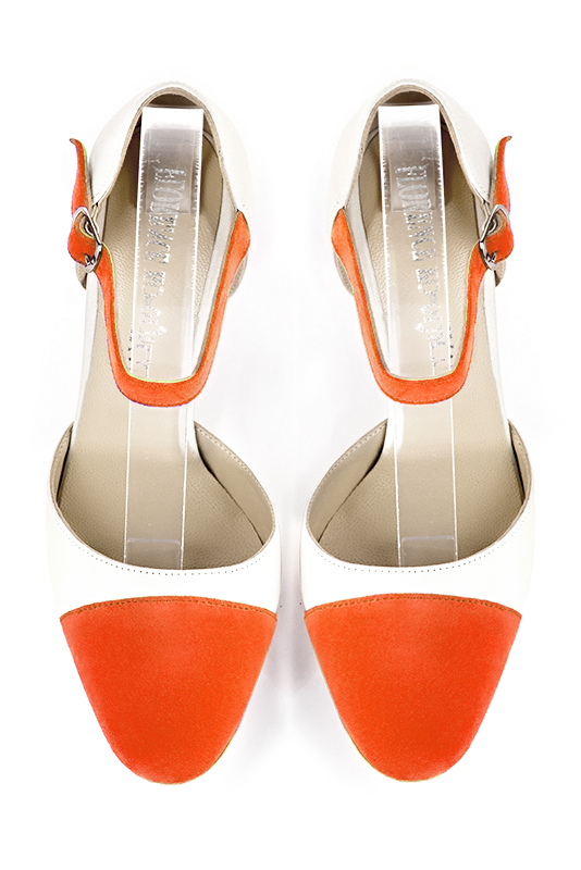 Clementine orange and off white women's open side shoes, with an instep strap. Round toe. Very high slim heel. Top view - Florence KOOIJMAN